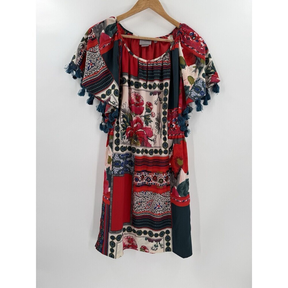 Boho Patchwork Midi Dress with Tassel Trim - Red Multi